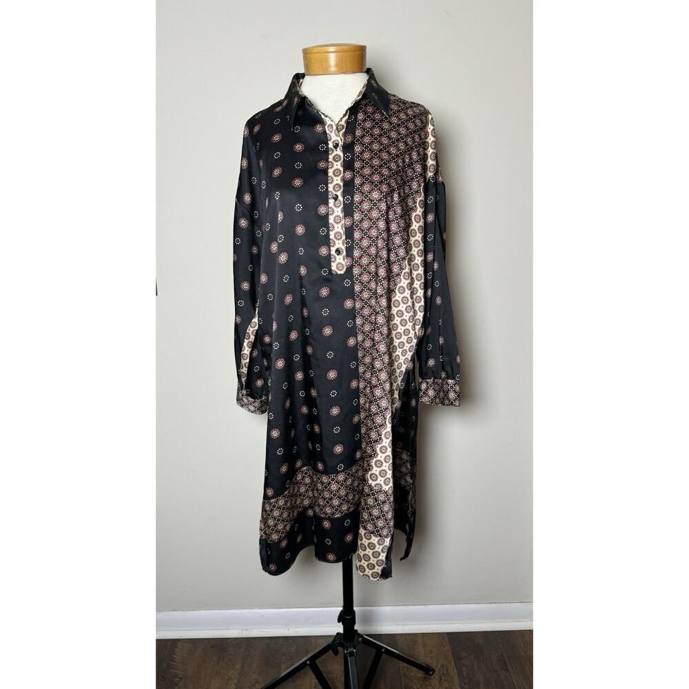 Zara Patchwork Print Oversized Shirt Dress L Black Pink Scarf Tunic Asymmetric - Picture 3 of 10